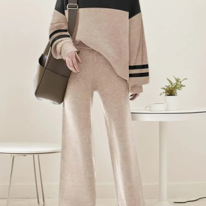 Women's Jersey Color Block Daily Going Out Two Piece Set Long Sleeve Casual Spring/Fall Top With Pants Matching Set, JustFashionNow Suit Set, color:Khaki|size:XXL,