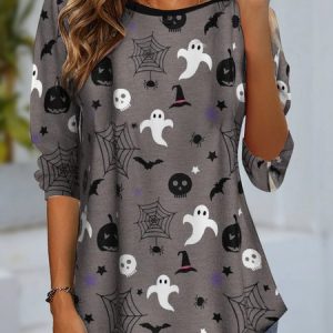 Women's Long Sleeve Tee T-shirt Spring/Fall Halloween Jersey Crew Neck Daily Going Out Casual Top, JustFashionNow T-Shirts, color:Deep Gray|size:XXL,