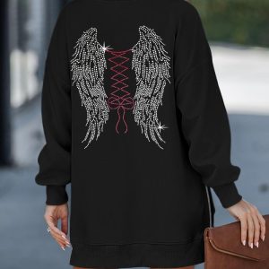 Rhinestone Bowknot Angle Wings Pattern Casual Dress Side Zipper Design Pullover Baggy Sweatshirt, women Casual Dresses, ChicMe catalog