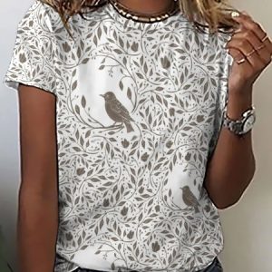 Casual Simple Leaf Bird Print Crew Neck T-Shirt, T-shirts, Lilicloth.com