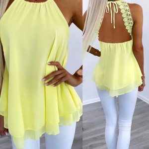 Contrast Lace Tied Detail Chiffon Top, women Tanks & Crop Tops, ChicMe catalog