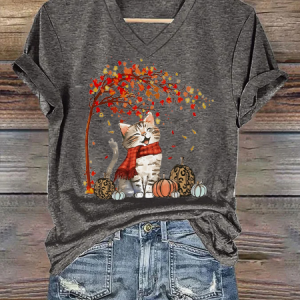 Autumn Cat Loose Crew Neck Casual T-Shirt, T-shirts, Lilicloth.com