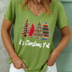 Women Christmas Tree V Neck Christmas Casual T-Shirt, T-shirts, Lilicloth.com
