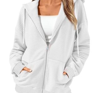 Women's Spring/Fall Outerwear Casual Zipper Plain Long Sleeve Hoodie Jacket, JustFashionNow Jackets, color:White|size:XXL,