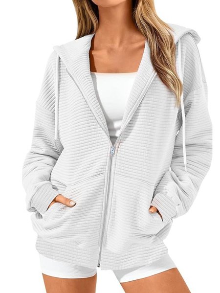 Women's Spring/Fall Outerwear Casual Zipper Plain Long Sleeve Hoodie Jacket, JustFashionNow Jackets, color:White|size:XXL,
