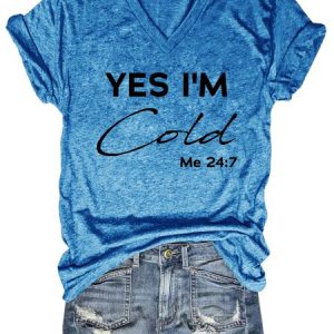Yes I'm Cold Casual V Neck Short Sleeve T-shirt, T-shirts, Lilicloth.com