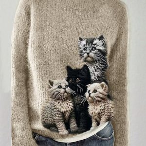 Fuzzy Cats Crochet Art Cozy Knit Sweater, Sweaters, Lilicloth.com