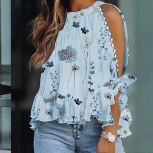 Floral Print Ruffle Hem Split Sleeve Top, Blouses & Shirts, ChicMe catalog
