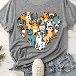 WomenвЂs Heart Of Dog Print Crew Neck Casual T-Shirt, T-shirts, Lilicloth.com