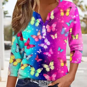 Women's Three Quarter Sleeve Tee T-shirt Spring/Fall Butterfly Knitted Notched Daily Going Out Casual Top, JustFashionNow T-Shirts, color:Rose Red|size:3XL,