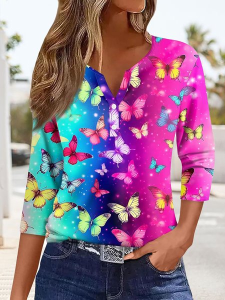 Women's Three Quarter Sleeve Tee T-shirt Spring/Fall Butterfly Knitted Notched Daily Going Out Casual Top, JustFashionNow T-Shirts, color:Rose Red|size:3XL,