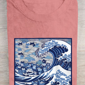 Blue Cats Wave Cotton T-Shirt, T-shirts, Lilicloth.com