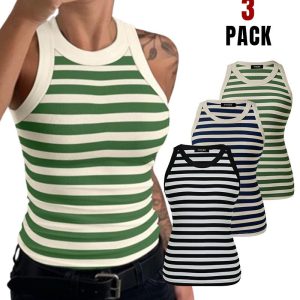 3-Pack Striped Round Neck Slim Fit Racer Back Ribbed Tank Top, women Tanks & Crop Tops, ChicMe catalog