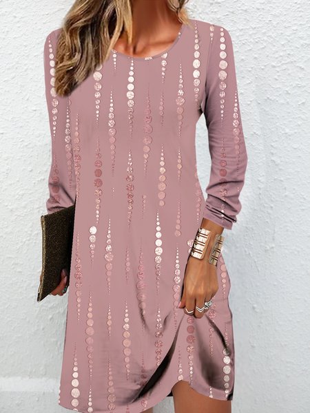 Women's Long Sleeve Spring/Fall Geometric Jersey Dress Crew Neck Daily Going Out Casual Mini H-Line T-Shirt Dress, JustFashionNow Dresses, color:Dusty Pink|size:XXL,