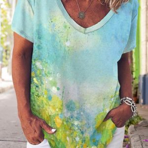 Gradient Abstract Print V-Neck Short Sleeve T-Shirt, T-shirts, Lilicloth.com