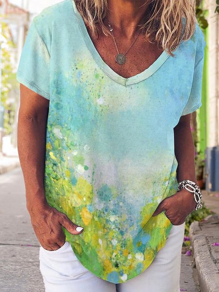 Gradient Abstract Print V-Neck Short Sleeve T-Shirt, T-shirts, Lilicloth.com