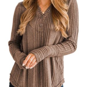 Women's Long Sleeve Blouse Spring/Fall Plain Buckle Knitted V Neck Daily Going Out Casual Top, JustFashionNow Shirts & Blouses, color:Brown|size:XL,