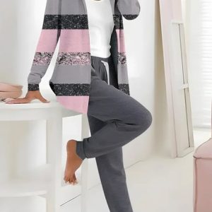 Women's Printing Striped Daily Going Out Two Piece Set Long Sleeve Vintage Spring/Fall Coat With Pants Matching Set, JustFashionNow Suit Set, color:Pink|size:XXL,