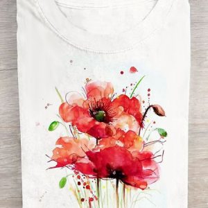 Casual Summer Floral Short Sleeve Loose Crew Neck H-Line T-shirt, T-shirts, Lilicloth.com