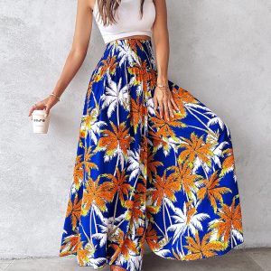 Coconut Tree Print Shirred Wide Leg Pants, Pants, ChicMe catalog