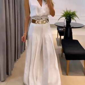 V-Neck Shirred Tank Top & Flared Pants Set, Two-piece Sets, ChicMe catalog