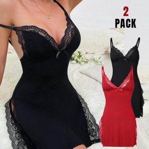 2-Pack Lace Trim Side Slit Bowknot Decor Modal Cami Sleep Dress, women Night Dresses, ChicMe catalog