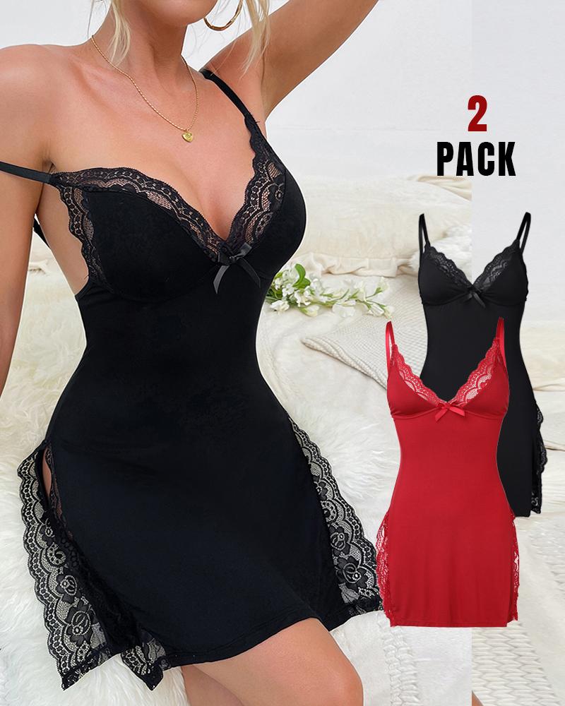 2-Pack Lace Trim Side Slit Bowknot Decor Modal Cami Sleep Dress, women Night Dresses, ChicMe catalog