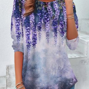 Women's Long Sleeve Tee T-shirt Spring/Fall Floral Printing Jersey Crew Neck Holiday Going Out Vintage Top, JustFashionNow T-Shirts, color:Purple|size:XXL,