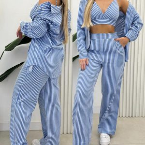 Striped Crop Cami Top & Pocket Design Pants Set With Buttoned Coat, Two-piece Sets, ChicMe catalog
