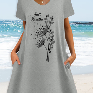 Women’s Dandelion Just Breathe Casual Loose V Neck Text Letters Dress, Dresses, Lilicloth.com