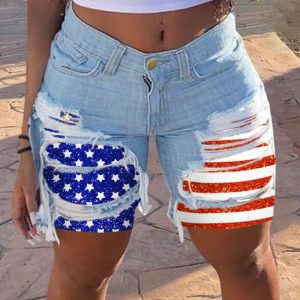 Independence Day Flag Print Buttoned Ripped Raw Hem Denim Shorts, women Denim Shorts, ChicMe catalog