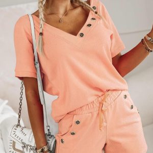 Button Decor V-Neck Top & Drawstring Pocket Design Shorts Set, Two-piece Sets, ChicMe catalog