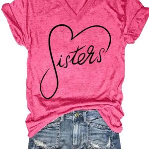 Womens Sisters Heart Casual V Neck T-Shirt, T-shirts, Lilicloth.com