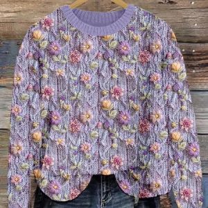 Small flower knitted round neck sweater, Sweaters, Lilicloth.com