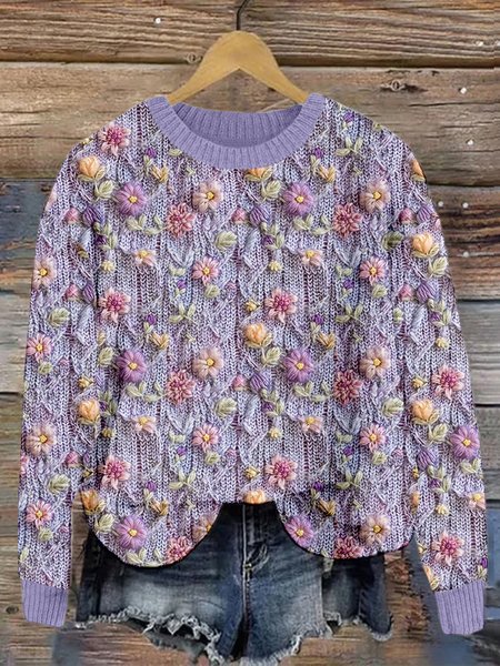 Small flower knitted round neck sweater, Sweaters, Lilicloth.com