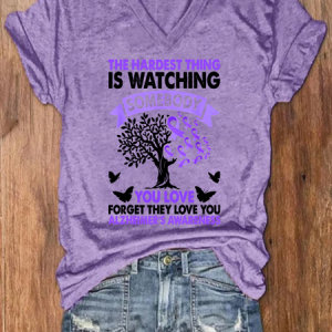THE HARDEST THING IS WATCHING SOMEBODY YOU LOVE FORGET THEY LOVE YOU ALZHEIMER'S AWARENESS Loose Crew Neck Simple T-Shirt, T-shirts, Lilicloth.com