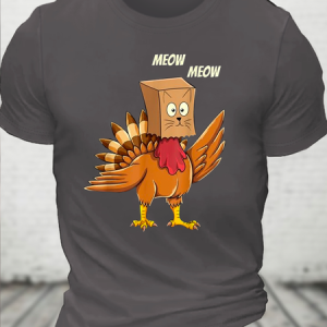 Cotton Thanksgiving Turkey Cat Meow Funny Casual Loose T-Shirt, T-shirts, Lilicloth.com