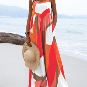 All Over Print Thick Straps Ruched Wide Leg Suspender Jumpsuit, women Jumpsuits, ChicMe catalog