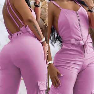 Zipper Pocket Design Backless Cuffed Jumpsuit, women Jumpsuits, ChicMe catalog