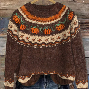 Women's The Cozy Pumpkin Casual Round Neck Print Knitted Sweater, Sweaters, Lilicloth.com