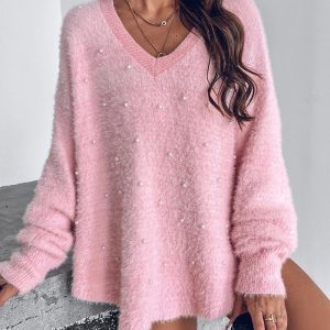 Beaded Decor V-neckline Long Sleeve Fluffy Oversized Sweater, Sweaters & Cardigans, ChicMe catalog