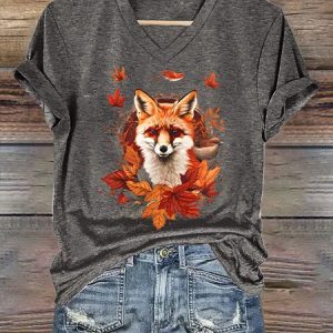 Vintage Fall Botanicals Fox Loose Casual Text Letters T-Shirt, T-shirts, Lilicloth.com