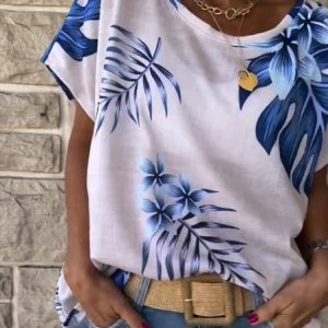 Women's Short Sleeve Tee T-shirt Summer Leaf Printing Knitted Crew Neck Daily Going Out Casual Top, JustFashionNow Tops, color:white-blue|size:XXL,