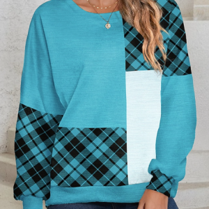 Women's Crew Neck Plaid Casual Spring/Fall Long Sleeve Sweatshirt, JustFashionNow Sweatshirts & Hoodies, color:Blue|size:XXL,