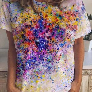 Gradient Abstract Print Crew Neck Short Sleeve T-Shirt, T-shirts, Lilicloth.com