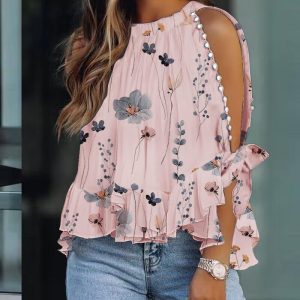 Floral Print Ruffle Hem Split Sleeve Top, women Blouses & Shirts, ChicMe catalog
