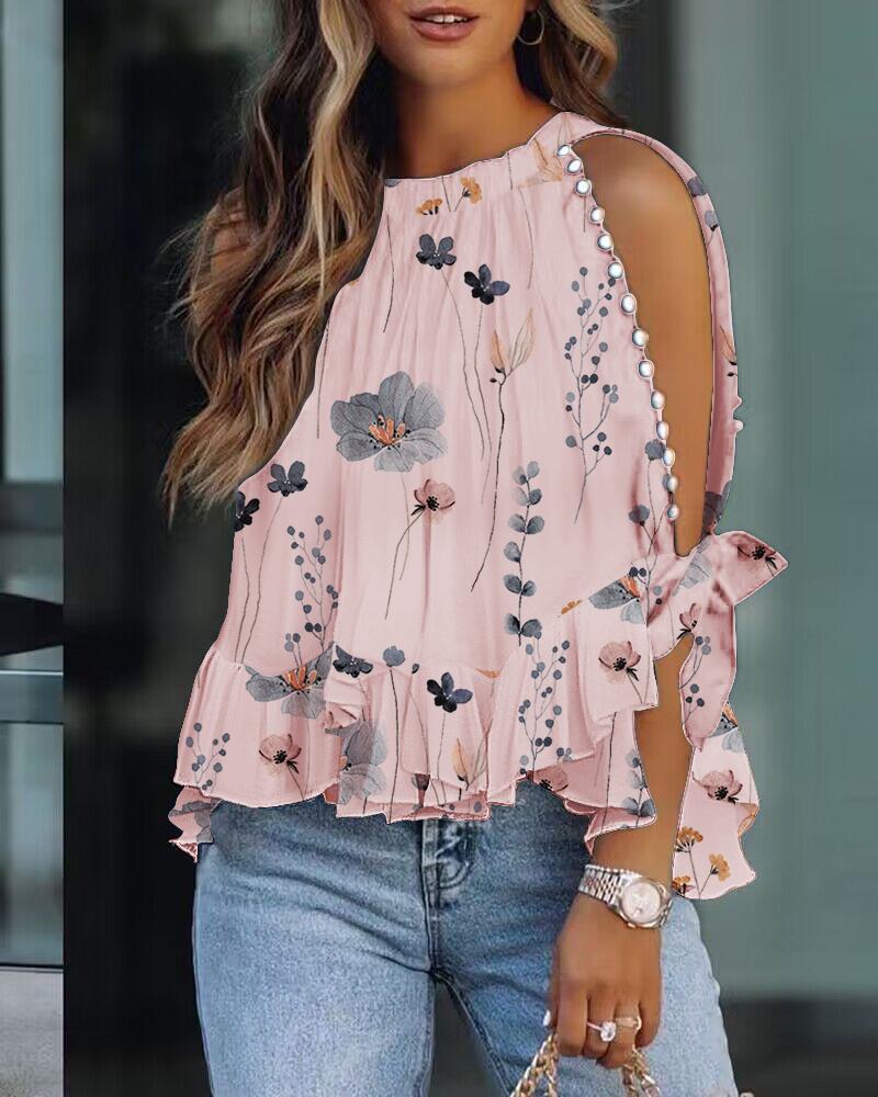 Floral Print Ruffle Hem Split Sleeve Top, women Blouses & Shirts, ChicMe catalog