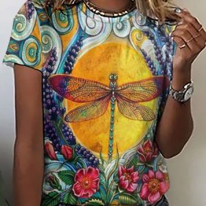 Women Dragonfly Crew Neck Simple T-Shirt, T-shirts, Lilicloth.com