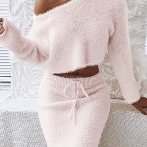 Skew Neck Fuzzy Knit Sweater & Skirt Set, Two-piece Sets, ChicMe catalog