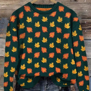 Maple Leaf Simple Crew Neck Knitted Sweater, Sweaters, Lilicloth.com